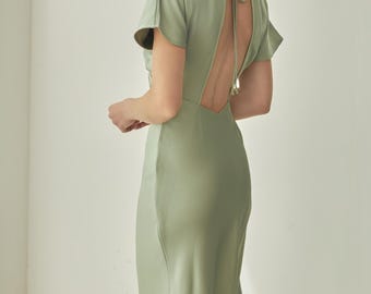 Silky Satin V Neck Bias Cut Midi Dress Back Tie in sage green Midi Dress for bridesmaids wedding guest prom graduation baby shower