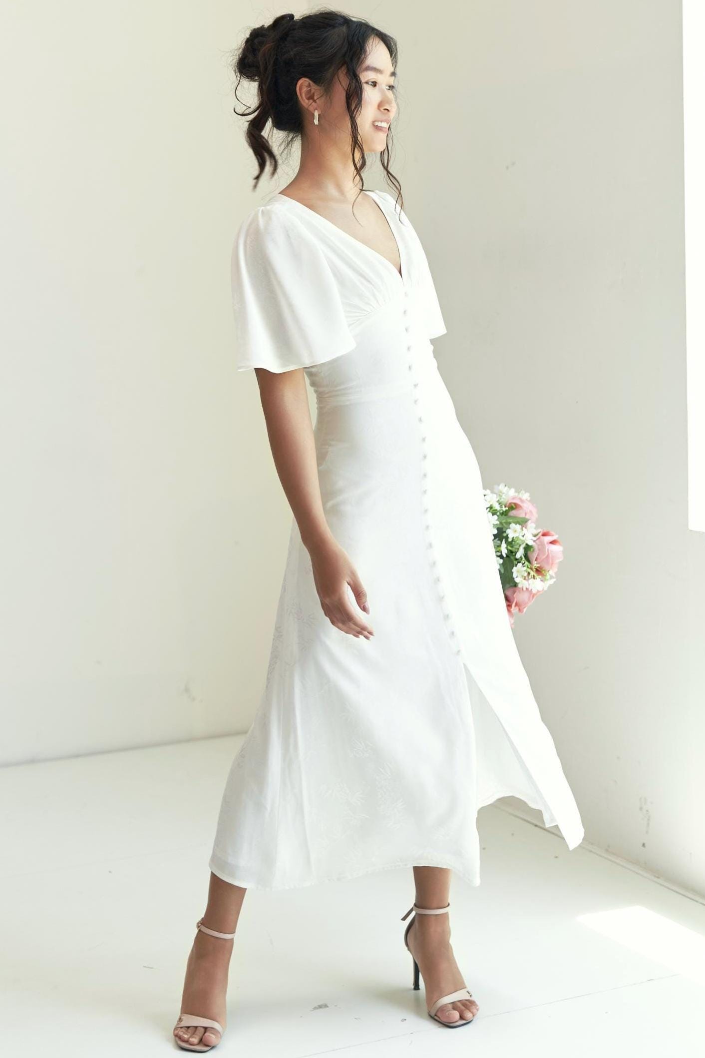 Personalized Silk Wedding Dress Butterfly Sleeve Custom Vintage White Midi Dress Enlopement Courthouse Engagement Graduations Birthday