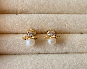 pearl angel stud earrings sterling silver gold plated