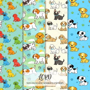Puede incluir: Cuatro patrones sin costuras con perros de dibujos animados en varios colores y razas. Los fondos son azul claro, verde y crema, con huellas de patas, huesos y corazones. El texto "NON EXCLUSIVE SEAMLESS PATTERN" es visible.