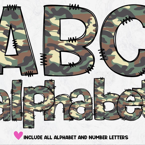 Camo Doodle Alphabet Buchstaben PNG, Militär Camouflage, Armee Buchstaben, Design Doodle, Sublimation Alpha Set Designs PNG