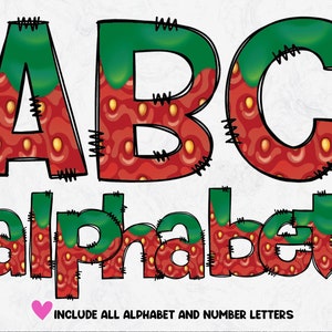 Strawberry Doodle Alphabet PNG, Hand Drawn Alphabet, Sublimation PNG, Digital Alphabet Set