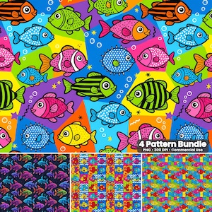 Puede incluir: Un patrón vibrante con peces de dibujos animados en varios colores, incluyendo azul, rosa, verde y naranja, sobre un fondo geométrico colorido. La imagen también incluye tres variaciones de patrón adicionales y el texto "4 Pattern Bundle".