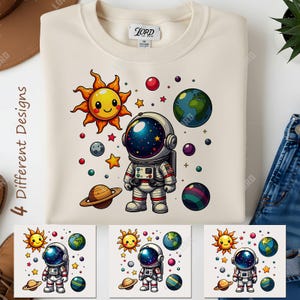 Conjunto de astronautas PNG, diseño de sublimación, dibujos animados del espacio PNG, planetas coloridos PNG, diseño de camiseta, sudadera PNG, 4 DTF PNG, descarga digital