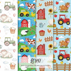 May include: A selection of seamless farm-themed patterns. Designs feature a green tractor, a lamb with a floral crown, a basket of apples, a red barn, a cow, a yellow tractor, a sheep, a sunflower, and a red tractor. The patterns use green, blue, red, yellow, and white.