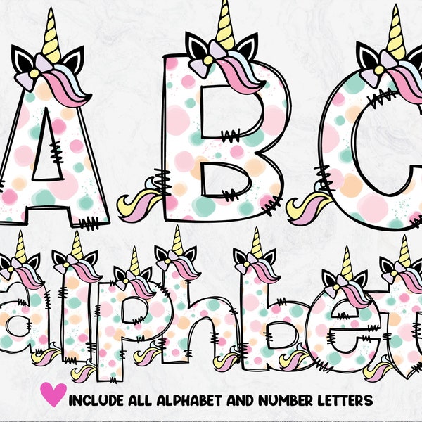 Unicorn Doodle Letters, Unicorn Letters, Hand Drawn Alphabet, Sublimation Girls Alpha Set Designs PNG, DOWNLOAD