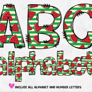 Watermelon Doodle Letters PNG, Fruit Letters, Fruit Alphabet, Watermelon Pattern, Summer Doodle Letters