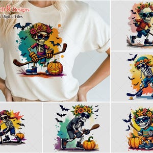 6 Skeleton Playing Hockey with Pumpkins Watercolor Sublimation PNG Bundle – Halloween Designs