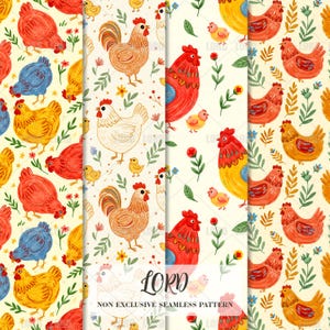 Könnte beinhalten: Vier nahtlose Muster mit farbenfrohen Illustrationen von Hühnern, Hähnen und Küken. Die Designs umfassen verschiedene Farbschemata mit floralen und Blatt-Akzenten. Der Text "LORD NON EXCLUSIVE SEAMLESS PATTERN" ist sichtbar.