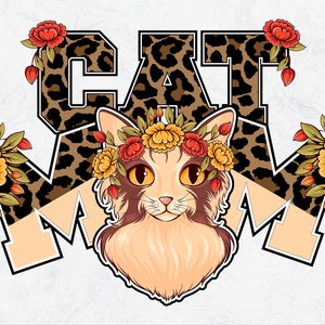 Cat Mama Leopard Print PNG - Floral Cat Mom Shirt Design (Digital Download)