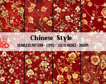 12 Chinese Style Golden Floral Seamless Digital Papers, Flower Backgrounds, Printable Paper Set, crapbooking Paper, Crafts