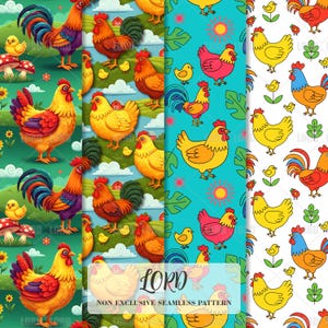 May include: A collection of seamless patterns featuring colorful roosters, hens, and chicks. The designs include various backgrounds, such as green fields, blue water, and white. The text "LORD NON EXCLUSIVE SEAMLESS PATTERN" is visible.