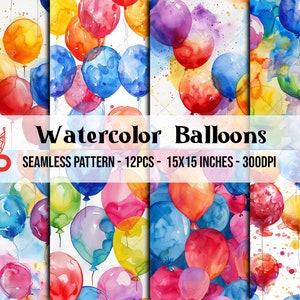 Watercolor Balloons Seamless Pattern: Birthday Party Digital Paper (Digital Download)