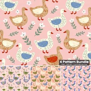 Skurrile Gänse Muster Set: Cottagecore Tier Druck Digitales Papier (Digitaler Download, 4 Designs)
