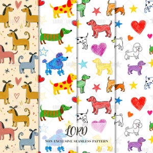 May include: A seamless pattern featuring various dog breeds, stars, and hearts in a colorful, hand-drawn style. The dogs are depicted in different colors and patterns, with a playful and whimsical aesthetic. The text "NON EXCLUSIVE SEAMLESS PATTERN" is also visible.