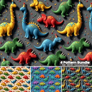 May include: A repeating pattern of colorful cartoon dinosaurs in yellow, blue, red, and green, some wearing party hats. The dinosaurs are on a gray background with confetti. The image includes a "4 Pattern Bundle" graphic.