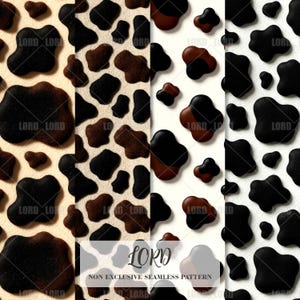 Peut inclure: Quatre motifs sans couture avec un design de peau de vache. Les motifs présentent des formes irrégulières noires et marron sur un fond crème et blanc. Le texte "LORD" et "NON EXCLUSIVE SEAMLESS PATTERN" sont visibles.