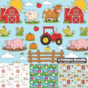 Könnte beinhalten: Ein farbenfrohes Bauernhof-Themen-Musterpaket mit einem roten Traktor, Scheunen, Schafen, Kühen, Schweinen, Hühnern, Kürbissen und Äpfeln auf hellblauem Hintergrund. Der Text "4 Pattern Bundle" ist enthalten.