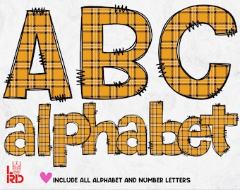 May include: Digital alphabet letters in a bold, blocky style. The letters A, B, and C are displayed above the word "alphabet". Each letter and word is filled with a yellow and black plaid pattern and outlined in black. The text "INCLUDE ALL ALPHABET AND NUMBER LETTERS" is also included.