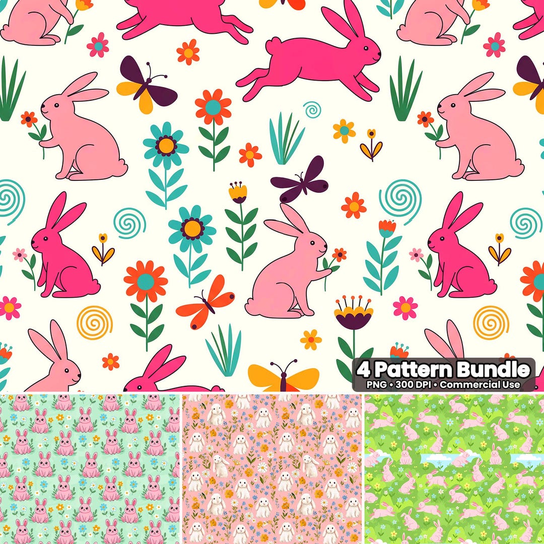 Bunny Seamless Patterns Bundle: Easter Animal Digital Paper (4 Set) - Etsy
