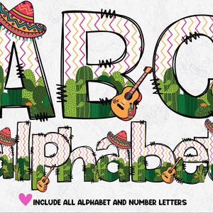 Paquete de letras de garabatos de cactus mexicanos, sublimación de letras de cactus, clip art del alfabeto de cactus, descarga digital PNG