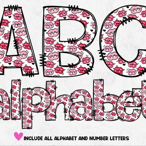 Valentine Doodle Letters, Lips Valentine, Lips Alphabet PNG, Love Letters, Descarga digital