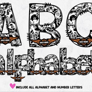 Letras de Doodle Harley Davidson, alfabeto de motocicleta, alfabeto desenhado à mão, sublimação Harley Davidson