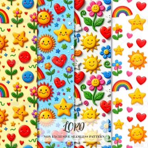 May include: A selection of vibrant seamless patterns with smiling suns, stars, hearts, flowers, and rainbows. The patterns are set against yellow, blue, and white backgrounds. The text "LORD NON EXCLUSIVE SEAMLESS PATTERN" is visible.
