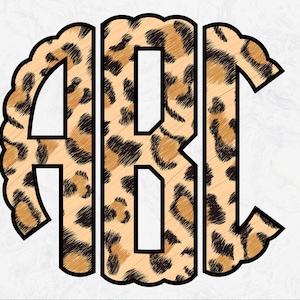 May include: A monogram design featuring the letters A, B, and C in a circular shape. The letters are outlined in black and filled with a leopard print pattern.