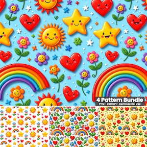 Rainbow Seamless Pattern Set: Sunshine, Hearts, Stars Digital Paper (Digital Download)