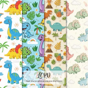 May include: Four seamless patterns showcasing cartoon dinosaurs, palm trees, rainbows, and volcanoes. The designs feature dinosaurs in blue, yellow, green, and purple, set against light blue and cream backgrounds. The patterns also include the text "LORD" and "NON EXCLUSIVE SEAMLESS PATTERN".