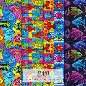 以下が含まれることがあります： 様々なデザインのカラフルな漫画の魚が特徴の鮮やかなパターン。魚はピンク、赤、黄色、青、緑の色合いで描かれており、詳細なパターンと遊び心のある表情が特徴です。「LORD」と「NON EXCLUSIVE SEAMLESS PATTERN」の文字が含まれています。