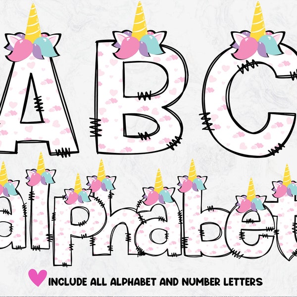 Unicorn Doodle Letters PNG, Unicorn Letters, Hand Drawn Alphabet, Sublimation Girls Alpha Set Designs PNG