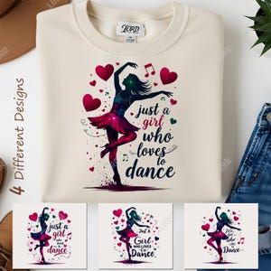 Puede incluir: Sudadera color crema con un gráfico de una silueta de bailarina con un vestido rojo y morado, rodeada de corazones y notas musicales. El texto dice "just a girl who loves to dance."