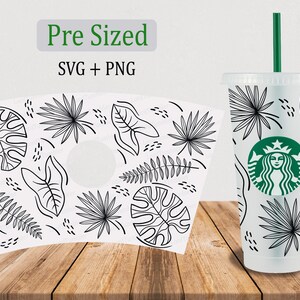 Hand Drawn Leafs cup SVG, 24oz Venti Cold Cup Cutfile, Full Wrap Svg Png, Digital Download