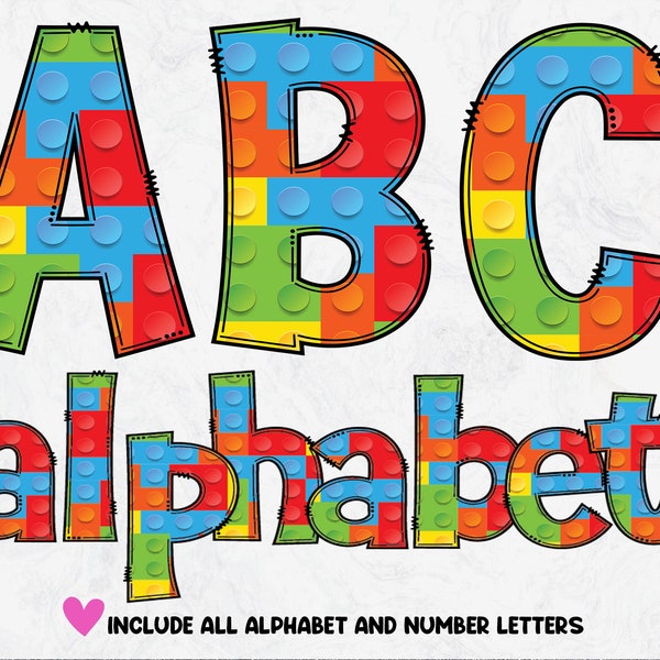 Colorful Brick Blocks Doodle Letters PNG, Blocks Alphabet SET, Digital Download