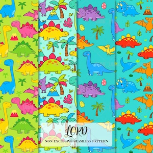 Pode incluir: Um padrão sem costura colorido com vários dinossauros de desenho animado em tons de amarelo, verde, rosa, roxo e azul. O design inclui palmeiras, vulcões e o texto "LORD NON EXCLUSIVE SEAMLESS PATTERN".