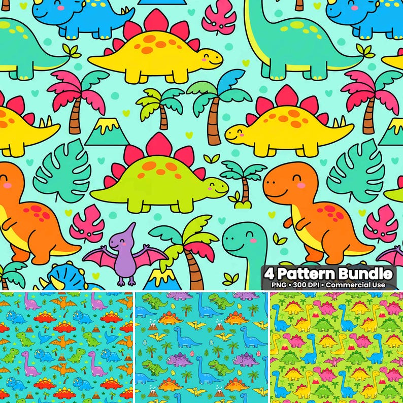 Dinosaur Seamless Pattern PNG Bundle: Kids Fabric Digital Paper ...