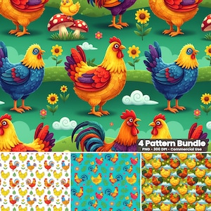 Patrón sin costuras de pollo de dibujos animados: animales de granja, gallo, gallina y pollito (descarga digital)