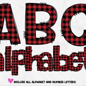 Red Buffalo Plaid Doodle Letters Alphabet, Christmas Plaid Doodle Font PNG, Plaid Letters, Plaid Alphabet PNG, Descarga digital
