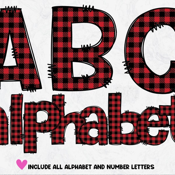 Red Buffalo Plaid Doodle Letters Alphabet, Christmas Plaid Doodle Font PNG,Plaid Letters, Plaid Alphabet PNG, Digital download