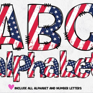 May include: A set of alphabet letters in a distressed, vintage style, featuring a red, white, and blue American flag pattern. The letters are outlined in black and have a stitched appearance. The letters A, B, and C are shown, along with the word "alphabet". The text "INCLUDE ALL ALPHABET AND NUMBER LETTERS" is also included in the image.