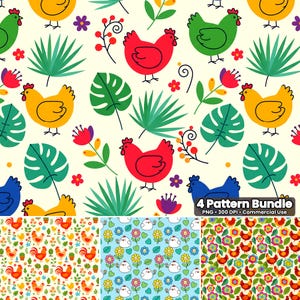 May include: A repeating pattern with vibrant chickens, tropical leaves, and flowers on a cream backdrop. The image showcases four distinct pattern designs, with the text "4 Pattern Bundle" and file details for commercial use.
