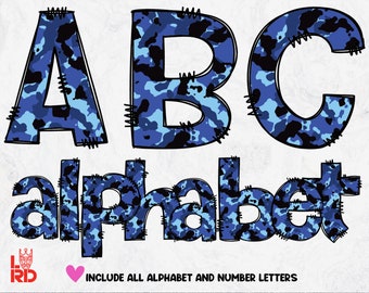Blue Camouflage alphabet Doodle letters, Camo letters, Military clipart Alpha pack, Digital download