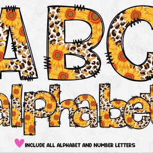 Letras de Doodle de leopardo de girassol PNG, alfabeto de desenho à mão, design de sublimação PNG, DOWNLOAD
