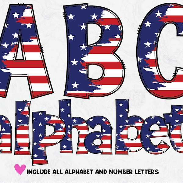 USA Flag Patriotic Doodle Letters, Flag Alphabet, Sublimation Alpha Set Designs, Digital Download PNG