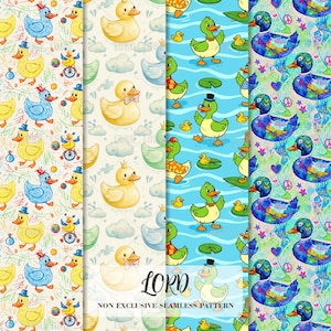 May include: Four seamless patterns featuring cartoon ducks in various designs. One pattern has blue ducks with hats and circus elements. Another has yellow ducks with bow ties and crowns. The third has green ducks on water. The last has colorful ducks with peace signs.