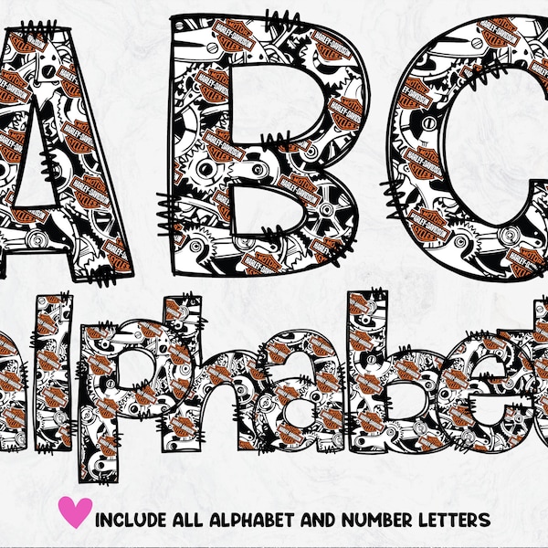 Harley Davidson Doodle Letters, Hand Drawn Alphabet, Harley Davidson Sublimation, Motorcycle Alphabet PNG