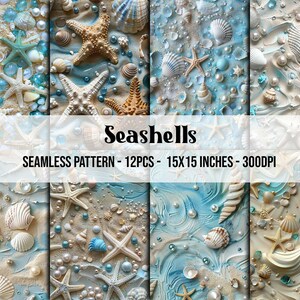 Op de afbeelding: Naadloze patroon digitaal papier met witte, blauwe en beige schelpen, parels en zeesterren op een witte achtergrond. Naadloze patroon - 12PCS - 15x15 inch - 300DPI