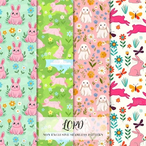 May include: Four seamless patterns featuring cartoon bunnies, flowers, and butterflies. The patterns include pink bunnies on a light green background with flowers, pink bunnies running in a green field, white bunnies with flowers on a pink background, and pink bunnies with butterflies on a cream background.